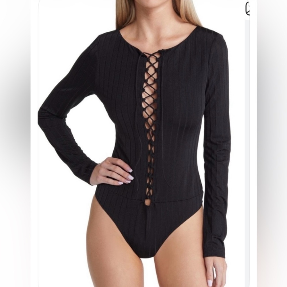 Open edit lace up black ribbed bodysuit small
